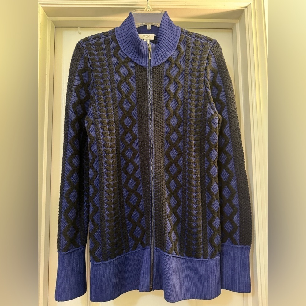 PER SE By CARLISLE Women’s Zip-Up CARDIGAN SWEATER Blue Black Size M